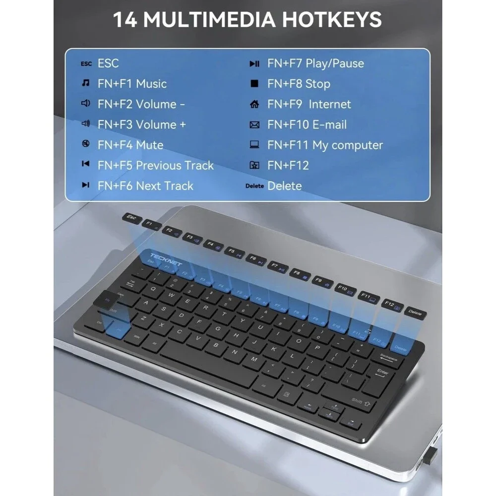 TECKNET 2.4G Wireless Keyboard Mini Compact Keyboard with Media Hotkeys, 12M...